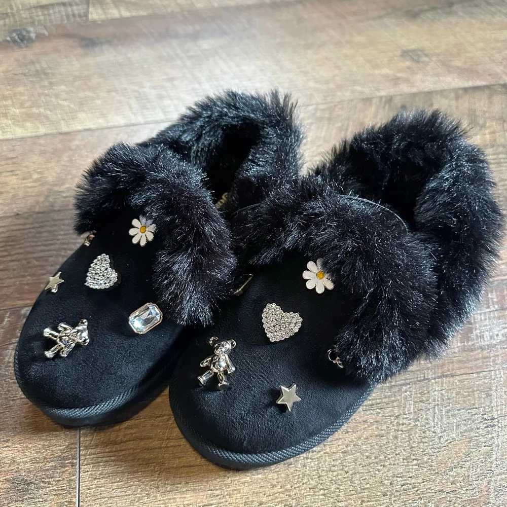 Girls Sugar Kiss Black Faux Fur Slippers with Charms 12 (Toddler Girl)